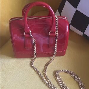 Red Patent Leather Handbag with Gold Chain!